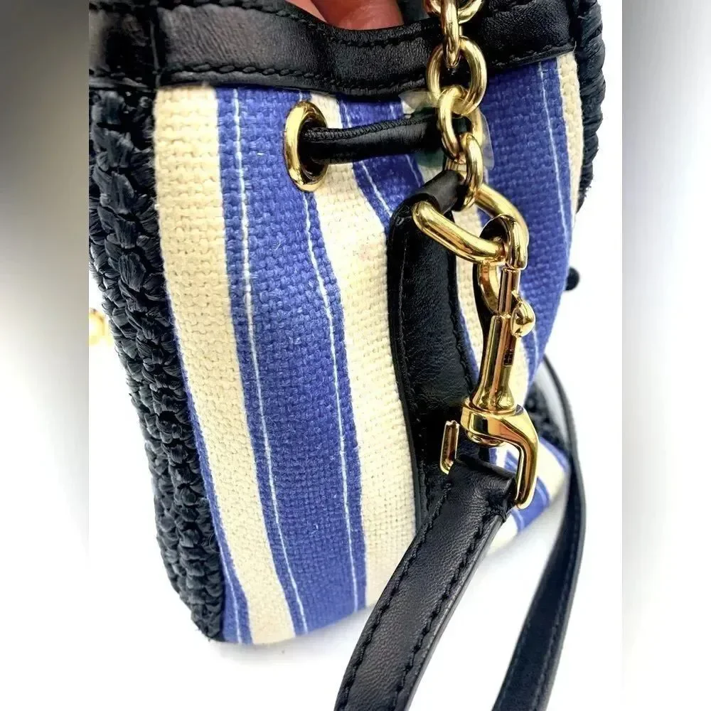 Auth Dolce & Gabbana Blue White Striped Canvas Raffia Handbag Lock Key Preloved
